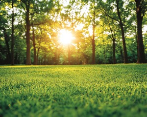 Obraz premium A serene view of a grassy field illuminated by sunlight filtering through trees, creating a peaceful natural atmosphere.