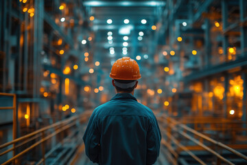 Engineer wearing orange hard hat stands in factory, observing industrial environment filled with bright lights and machinery, reflecting sense of focus and determination