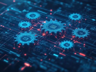 Abstract representation of hybrid work efficiency with gears interconnecting digital and physical elements, steampunk style