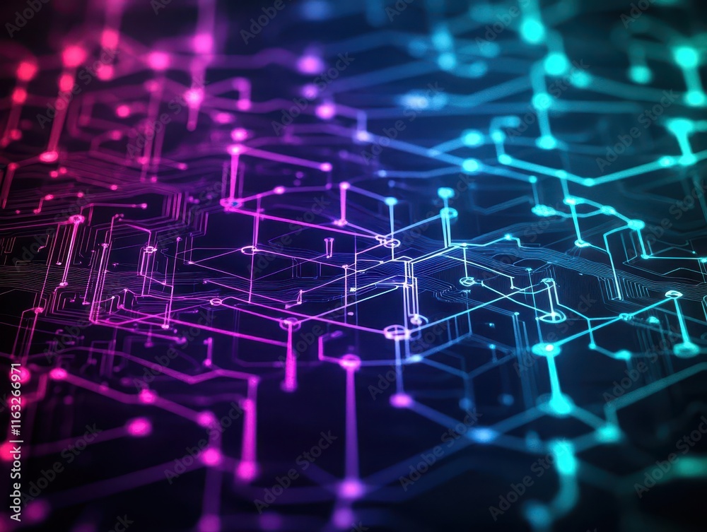 Poster Abstract digital pattern with vibrant neon colors representing technology and innovation, perfect for backgrounds or tech-related projects.