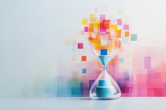 Abstract hourglass with flowing watercolor tasks, representing efficient coordination over time