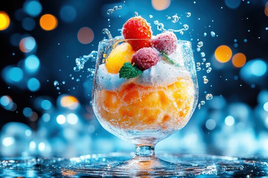 A vibrant fruit dessert splashes in a glass, showcasing colorful berries and cream against a sparkling blue background.