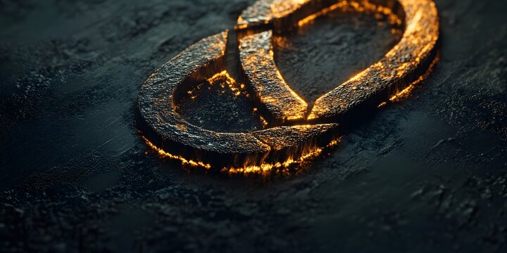 Glowing golden knotwork upsilon symbol rests on dark textured stone.