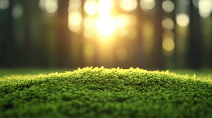 Naklejka premium A serene view of lush green moss illuminated by soft sunlight filtering through trees in a forest setting, creating a tranquil and peaceful atmosphere.