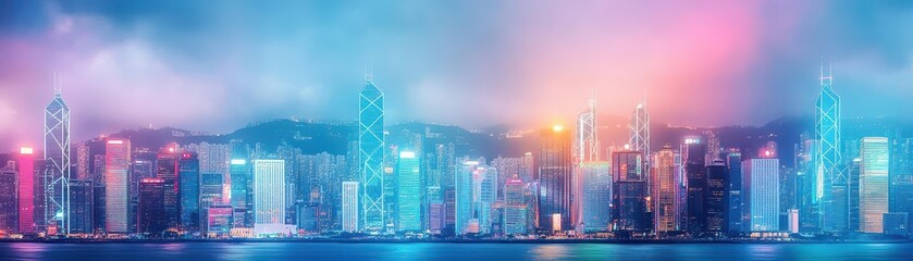 Obraz premium A vibrant city skyline illuminated by colorful lights, reflecting on water, set against a misty backdrop.