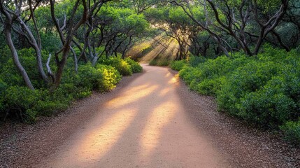 Obraz premium A serene pathway through a lush forest, illuminated by gentle rays of sunlight, invites exploration and tranquility.