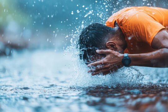 A tired runner dunking their head in a cold mountain stream, water splashing everywhere, intense action shot, side angle