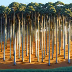 Obraz premium A serene landscape featuring tall, slender trees with textured bark and lush green foliage, casting elongated shadows on the ground, creating a tranquil and harmonious atmosphere.