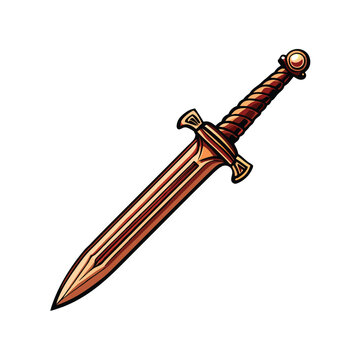 Detailed illustration of a Greek Spartan Xiphos, a short double-edged sword; showcasing its blade, hilt, and pommel with accurate historical detail.