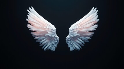 Fototapeta premium The image features a pair of ethereal, stylized wings with soft, feathery textures set against a dark background, evoking themes of freedom, spirituality, and transcendence.