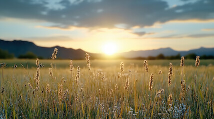 Golden sunset over grassy field with mountains in background