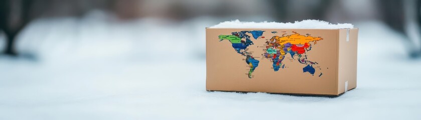 A single cardboard box on a snowy surface, with its flaps showing a vibrant world map that contrasts with the white surroundings