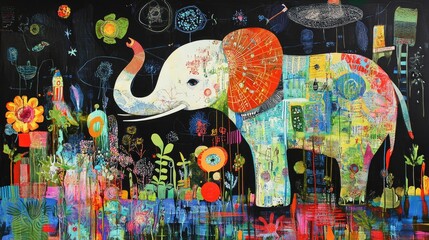 A vibrant, colorful elephant surrounded by flowers and abstract designs against a dark background.