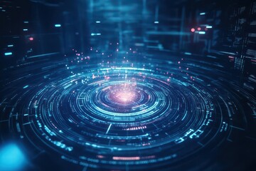 Obraz premium Futuristic digital vortex with glowing particles and intricate patterns representing technology and innovation.