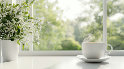 serene scene featuring transparent cup of tea on white kitchen table, accompanied by vase of flowers, with bright, sunlit view of greenery outside