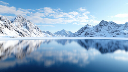 Breathtaking snowy mountains reflecting in calm blue lake under clear sky