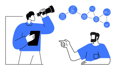 Man with binoculars and tablet analyzing trends, another man pointing at flowchart with business icons. Ideal for project management, goal setting, market research, corporate strategy, teamwork