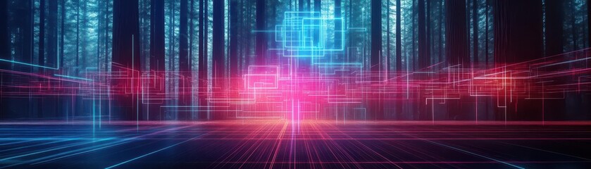 Obraz premium A redwood grove turned into a digital grid landscape, cyberpunk, glowing neon lines, digital art, futuristic vibe