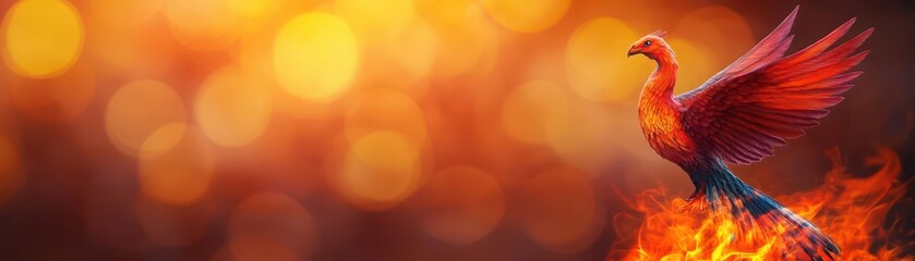 A phoenix rising from flames, symbolizing transformational leadership and resilience, Fantasy, Warm fiery tones