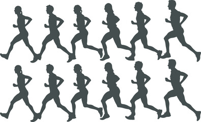 A collection of energetic silhouettes of runners in motion, with athleticism and determination. Perfect for sports-themed designs, fitness promotions, and sporting event elements.
