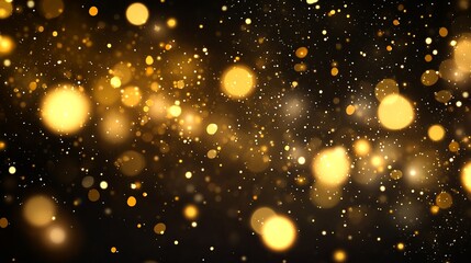 Abstract magical light effect with golden glares and bokeh on black background, glowing flying dust, christmas lights