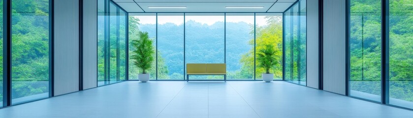 Naklejka premium A modern workspace integrating nature with smart glass walls that change opacity, ethereal lighting, futuristic eco style