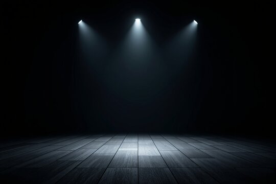 Wooden floor illuminated by three focused spotlights in a dark, minimalist setting. Concept of performance, spotlight, and dramatic lighting. Ai generative.