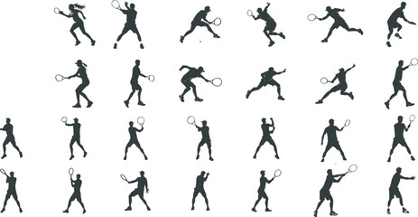 Naklejka premium A group of silhouettes of tennis players hitting the ball and posing. using rackets and sport style. suitable for tennis sport posters, banners and flyers