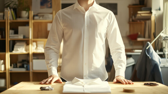 young man in white dress shirt stands confidently at wooden table, showcasing neatly folded shirt. bright, airy workspace enhances professional atmosphere