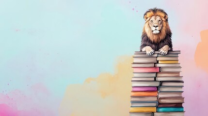 A lion sitting regally on a throne made of books, symbolizing wisdom and strength in leadership, Mythology, Watercolor, Warm palette