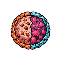 Illustrate the microscopic difference between a normal and a cancerous cell, highlighting nuclear size, shape, and membrane irregularities.