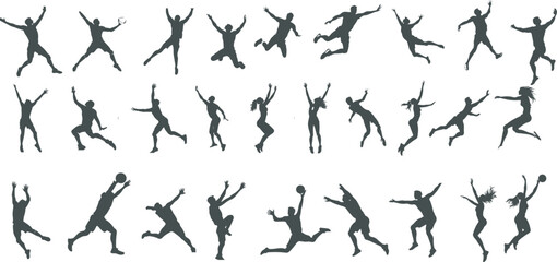 Naklejka premium High energy soccer athlete silhouettes performing jumps, kicks and action poses. Perfect for graphic designers, sports marketers and soccer event organizers.