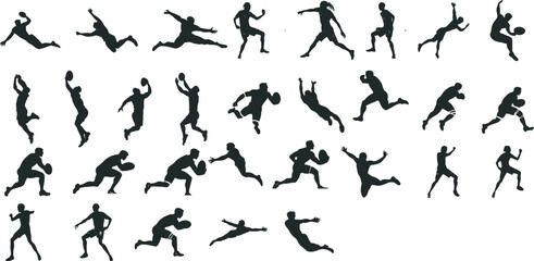 Naklejka premium High energy soccer athlete silhouettes performing jumps, kicks and action poses. Perfect for graphic designers, sports marketers and soccer event organizers.