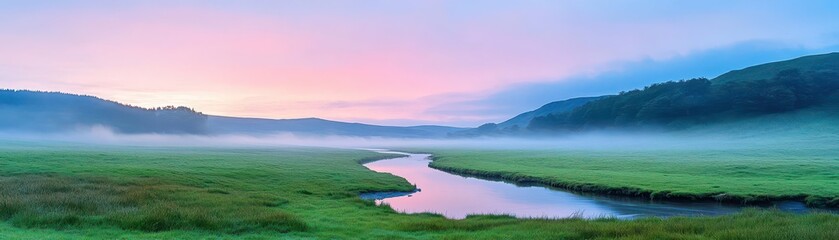 A gentle stream winding through a foggy valley at dawn, with the water reflecting the soft pastel colors of the sky