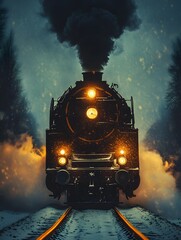 Vintage Steam Train in Winter Snowstorm