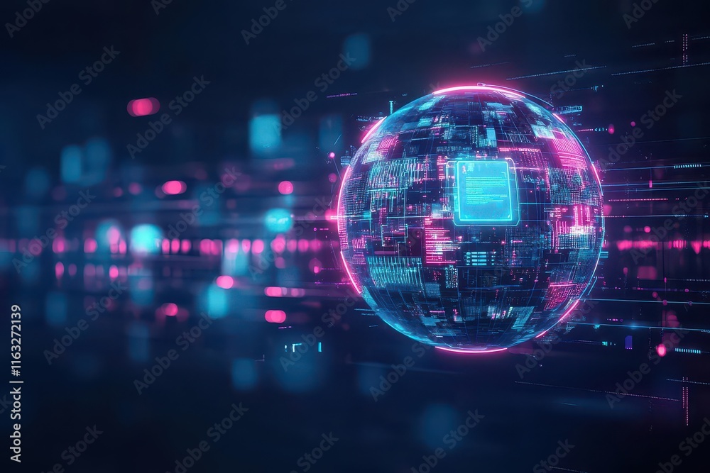 Poster a floating ai assistant device in the form of a sphere, glowing neon highlights, projecting holograp