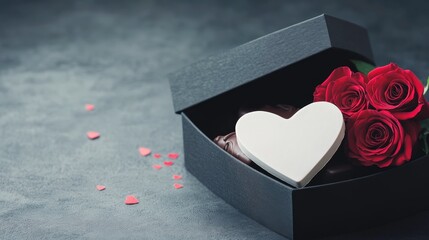 A romantic gift box containing a heart-shaped item and red roses, surrounded by small pink hearts, perfect for expressing love or affection.