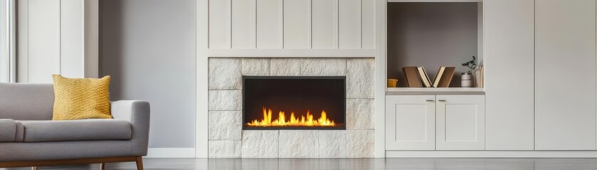 Obraz premium A dreamy living room with high vaulted ceilings, a massive stone fireplace, and a cozy reading nook by the flames