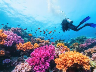 A diver exploring a vibrant coral reef teeming with marine life, colorful fish swimming among intricate coral formations, ultrarealistic