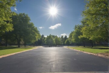 "Peaceful and Serene Empty Parking Lot with Sunlit Sky and Trees"