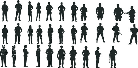 Silhouette of Police, soldier or professional security officer in action, stylish strength and toughness. Perfect for security banners, crime prevention campaigns and security designs