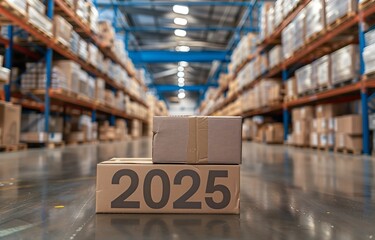 2025 Written in Cardboard in Warehouse with Industrial Shelves