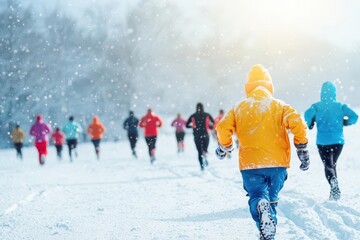 A charity run through a snowy landscape, runners wearing warm colorful gear, dramatic winter lighting, detailed and dynamic scene