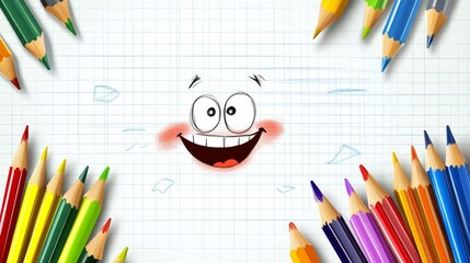 Naklejka premium Colorful school background featuring coloured pencils and whimsical sketch elements in vector format for educational designs and creative projects