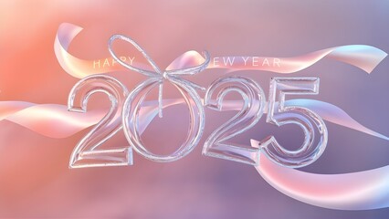 elegant happy new year 2025 design with abstract pink and white swirls