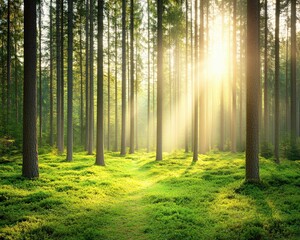 Naklejka premium A serene forest scene illuminated by sunlight, showcasing tall trees and lush greenery, creating a tranquil atmosphere perfect for nature appreciation and relaxation.