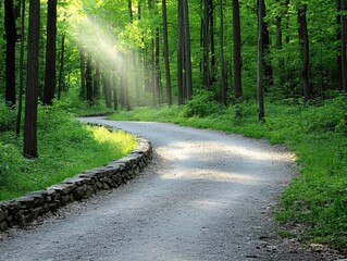 Obraz premium A serene, winding path through a lush green forest, illuminated by soft sunlight filtering through the trees, inviting exploration and tranquility.