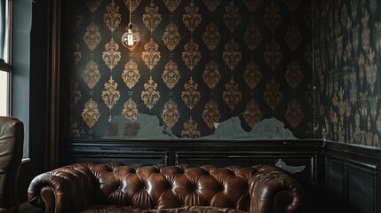 Vintage Leather Sofa in a Room with Dark Wallpaper