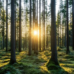 Obraz premium A serene forest scene at sunrise, with tall trees casting long shadows and soft light illuminating the mossy ground, creating a tranquil atmosphere.