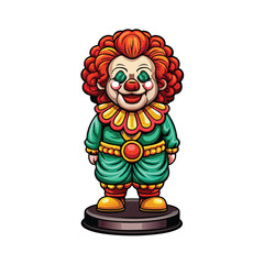 A lifelike porcelain clown doll, vibrant red hair, detailed features, mischievous expression, whimsical, handcrafted ceramic art.